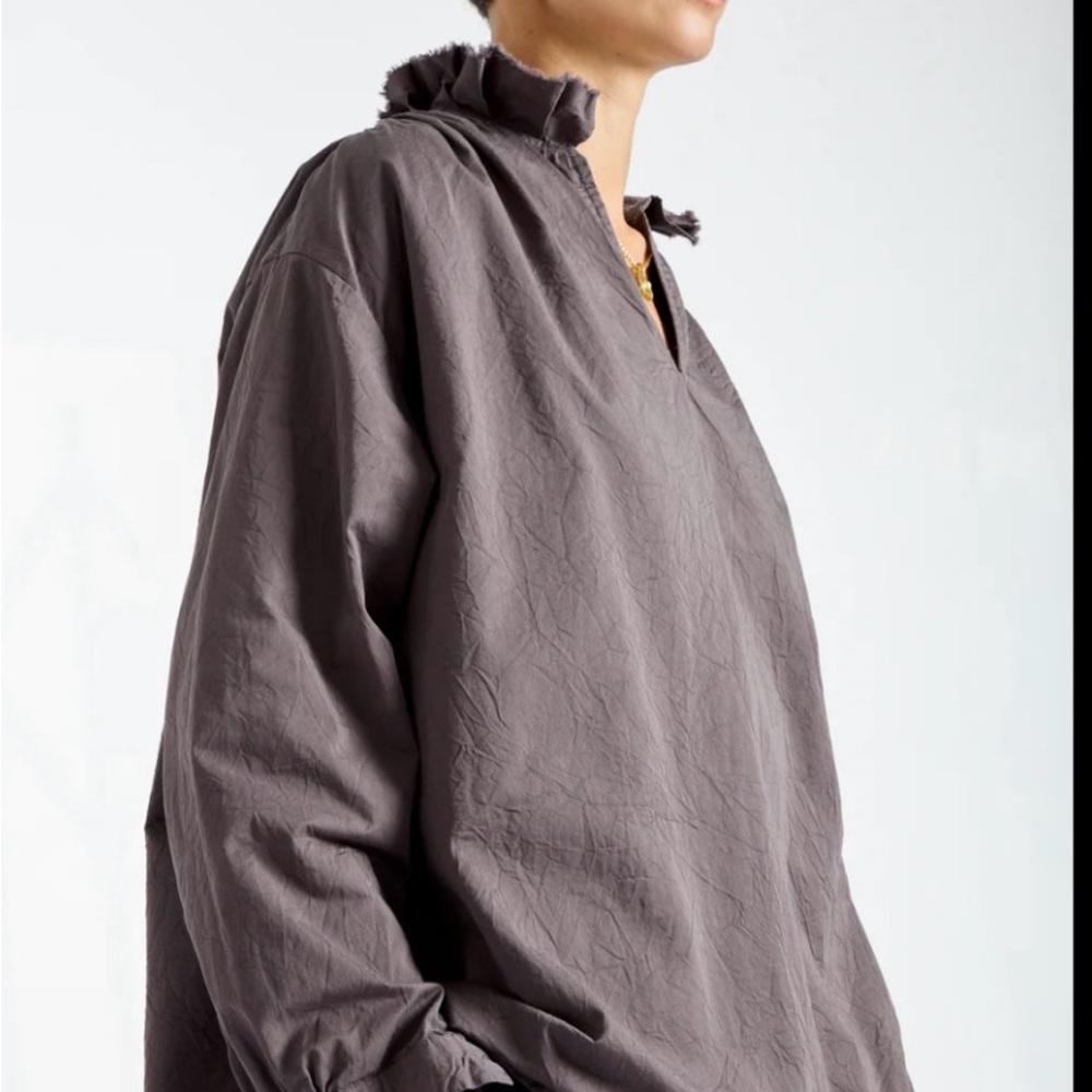 Ruffled Neck Long-Sleeve Blouse in Charcoal Gray